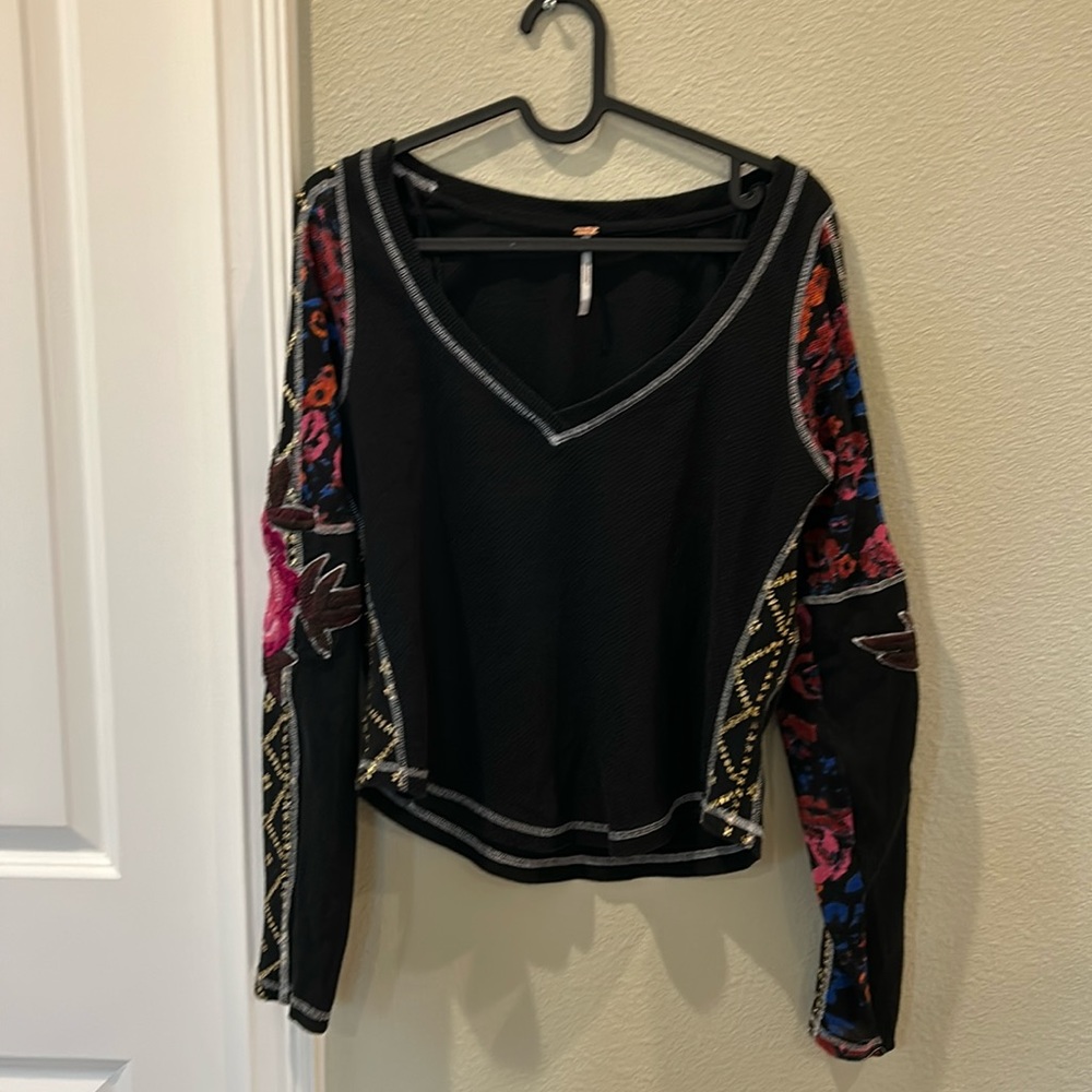 Free People Black Multicolor Long Sleeve Top